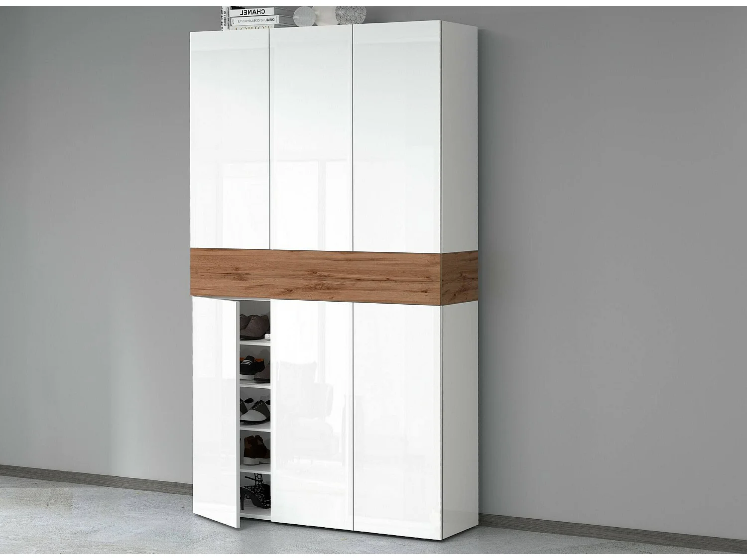 Étagère à chaussures Marzio, étagère à chaussures peu encombrante à 7 portes, armoire d'entrée multifonctionnelle, 114x38h200 cm, blanc et chêne