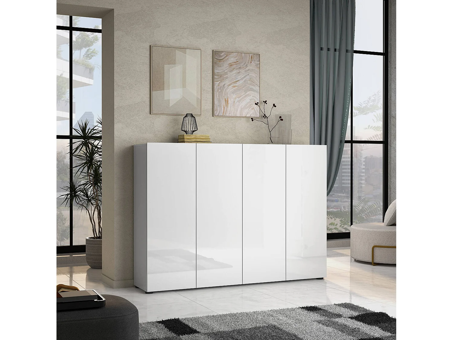 Meuble à chaussures Uitenhage, Meuble à chaussures, Armoire d'entrée polyvalente, Rangement pour chaussures, Made in Italy, 160x34h115 cm, Blanc brillant
