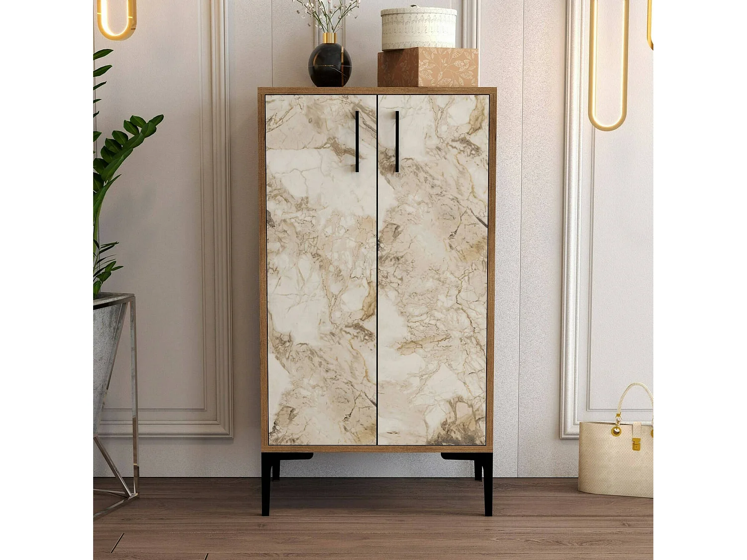 Meuble à chaussures Helios, Meuble à chaussures, Armoire d'entrée polyvalente, Rangement pour chaussures, 60x35h111 cm, Noyer et Blanc