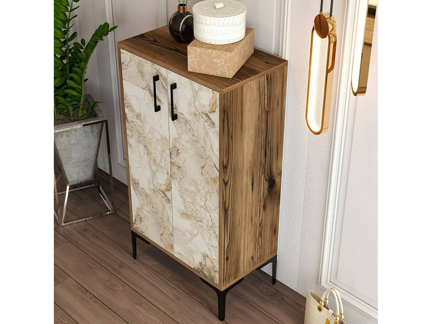 Meuble à chaussures Helios, Meuble à chaussures, Armoire d'entrée polyvalente, Rangement pour chaussures, 60x35h111 cm, Noyer et Blanc