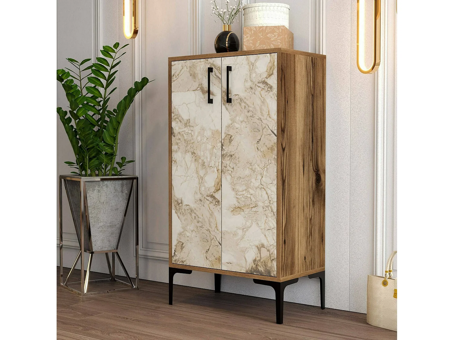 Meuble à chaussures Helios, Meuble à chaussures, Armoire d'entrée polyvalente, Rangement pour chaussures, 60x35h111 cm, Noyer et Blanc