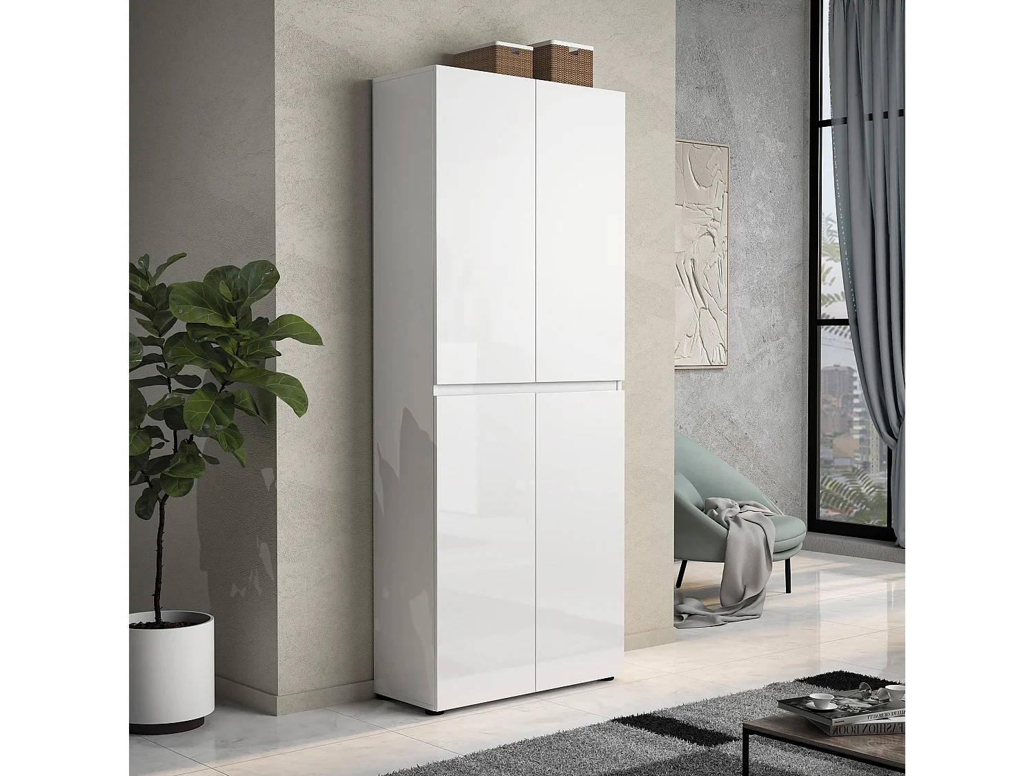 Meuble à chaussures Alberton, Meuble à chaussures, Armoire d'entrée polyvalente, Rangement pour chaussures, Made in Italy, 80x34h200 cm, Blanc brillant