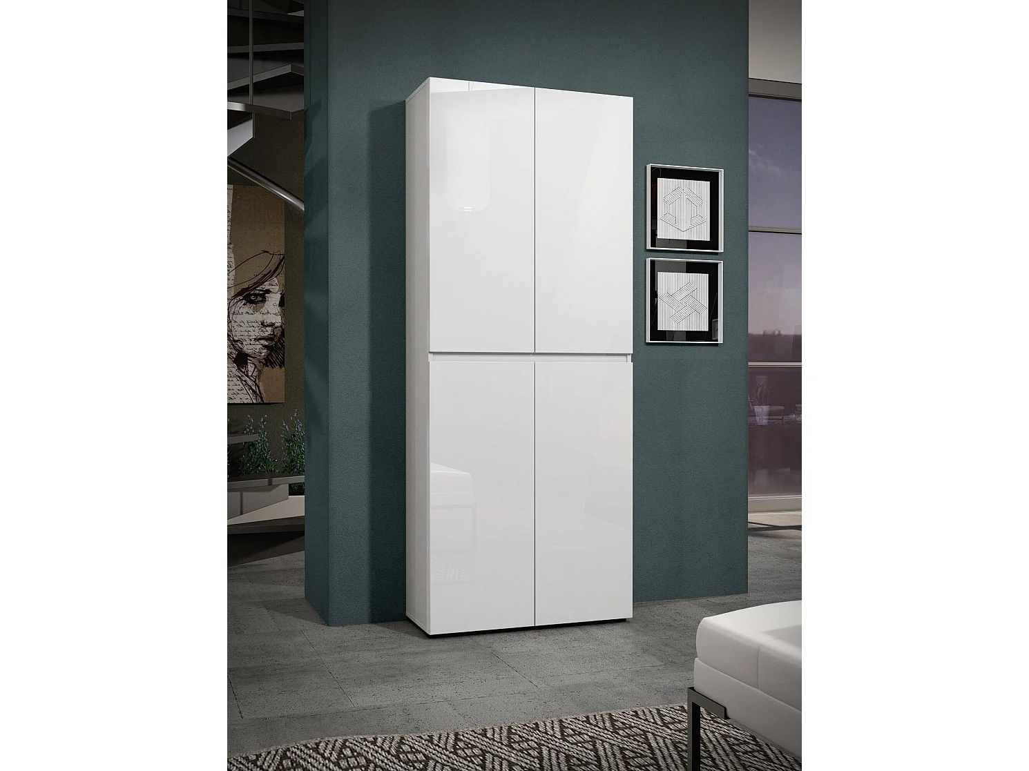 Meuble à chaussures Alberton, Meuble à chaussures, Armoire d'entrée polyvalente, Rangement pour chaussures, Made in Italy, 80x34h200 cm, Blanc brillant