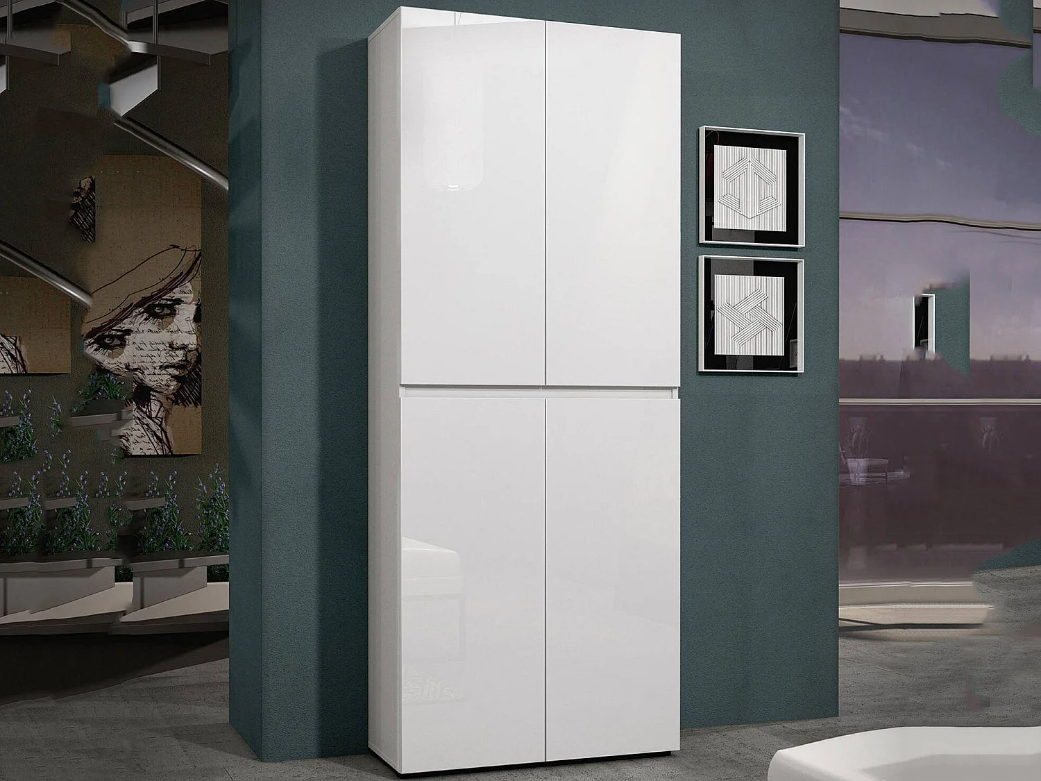 Meuble à chaussures Alberton, Meuble à chaussures, Armoire d'entrée polyvalente, Rangement pour chaussures, Made in Italy, 80x34h200 cm, Blanc brillant
