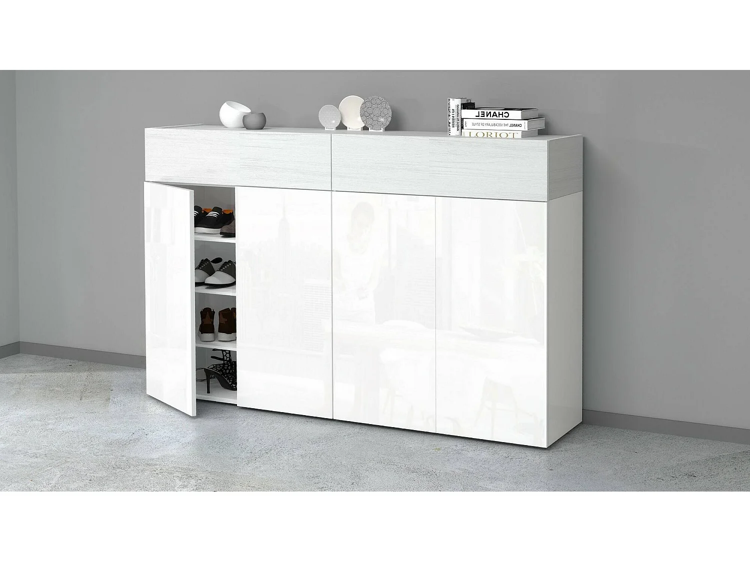 Étagère à chaussures Nadir, meuble à chaussures gain de place 6 portes, armoire d'entrée multifonctionnelle, 154x38h100 cm, effet mélèze blanc