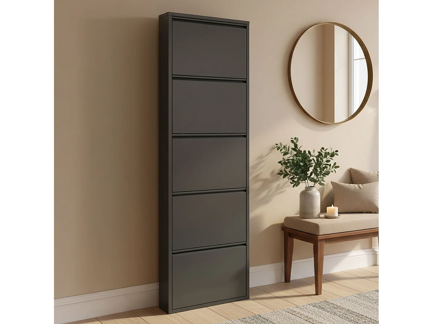 Meuble à chaussures Isidro, Meuble à chaussures en métal, Armoire d'entrée polyvalente, Rangement pour chaussures, 50x15h172 cm, Noir