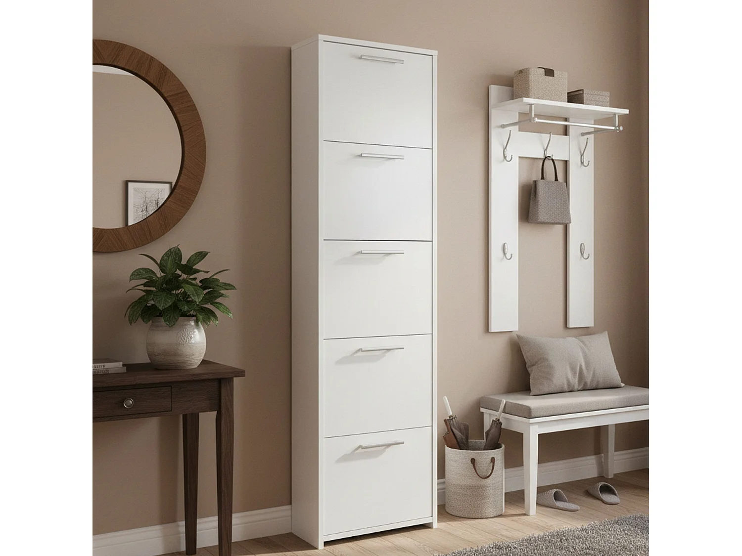 Étagère à chaussures Dafne, Meuble d'entrée polyvalent avec 5 portes, Armoire à chaussures moderne avec étagères, 100% Made in Italy, 50x18h178 cm, Blanc