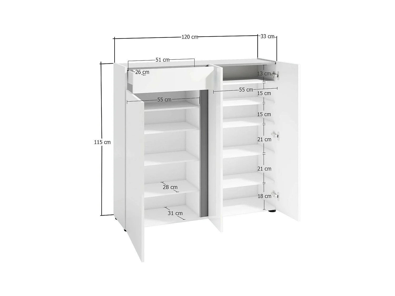 Zapatero Dbianchett, Zapatero, Armario de entrada multiusos, Zapatero, Made in Italy, 120x33h115 cm, Blanco brillante y Antracita