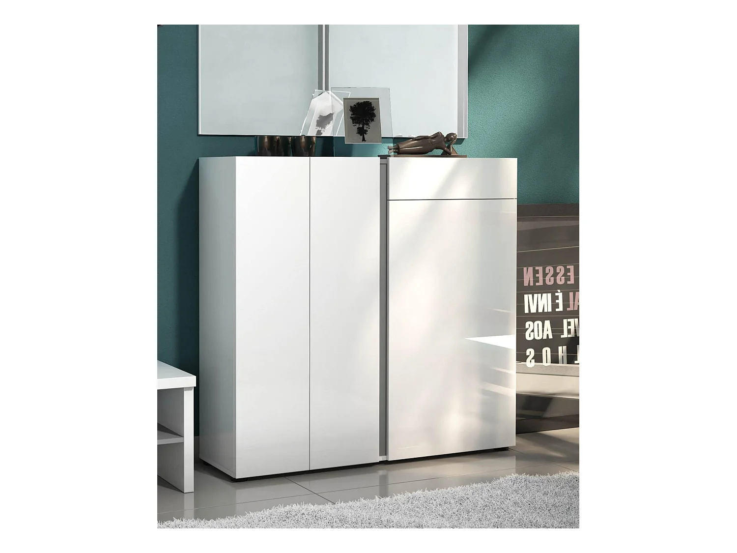 Zapatero Dbianchett, Zapatero, Armario de entrada multiusos, Zapatero, Made in Italy, 120x33h115 cm, Blanco brillante y Antracita