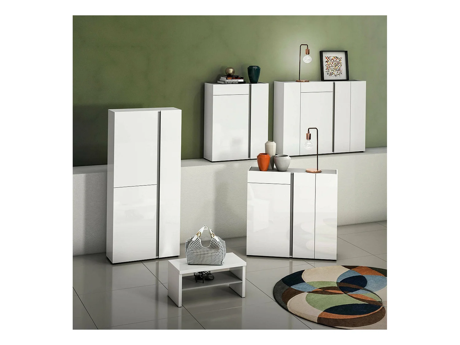 Zapatero Dbianchett, Zapatero, Armario de entrada multiusos, Zapatero, Made in Italy, 120x33h115 cm, Blanco brillante y Antracita