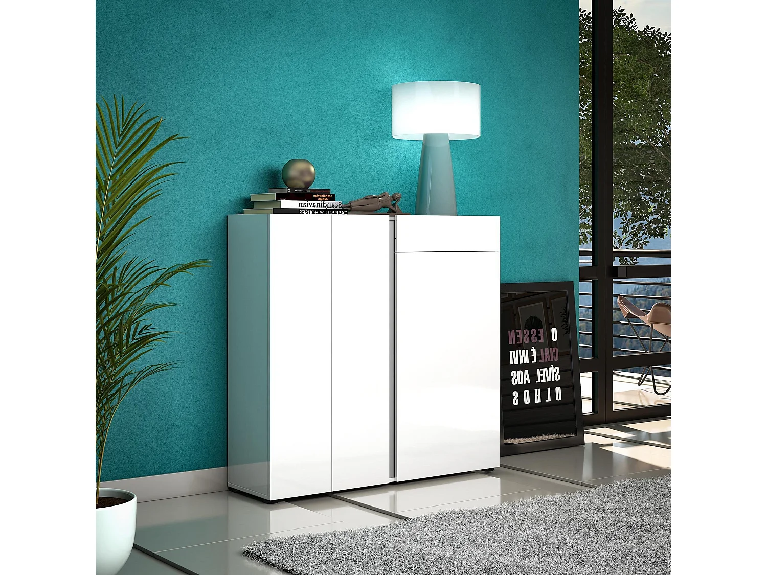 Meuble à chaussures Ilda, Meuble à chaussures, Armoire d'entrée polyvalente, Rangement pour chaussures, Made in Italy, 120x33h115 cm, Blanc brillant et anthracite