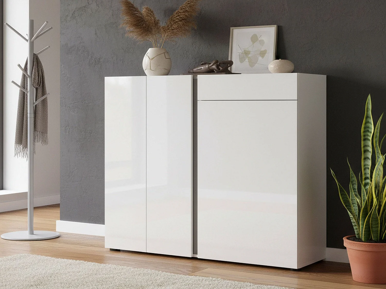 Meuble à chaussures Ilda, Meuble à chaussures, Armoire d'entrée polyvalente, Rangement pour chaussures, Made in Italy, 120x33h115 cm, Blanc brillant et anthracite