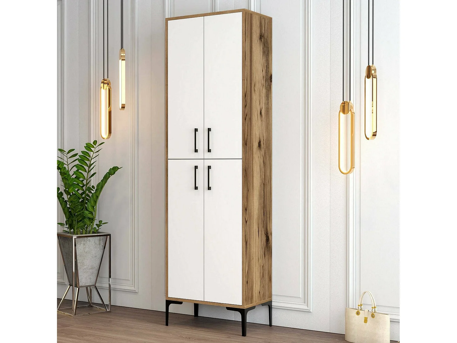 Meuble à chaussures Mimosa, Meuble à chaussures, Armoire d'entrée polyvalente, Rangement pour chaussures, 60x35h200 cm, Noyer et Blanc