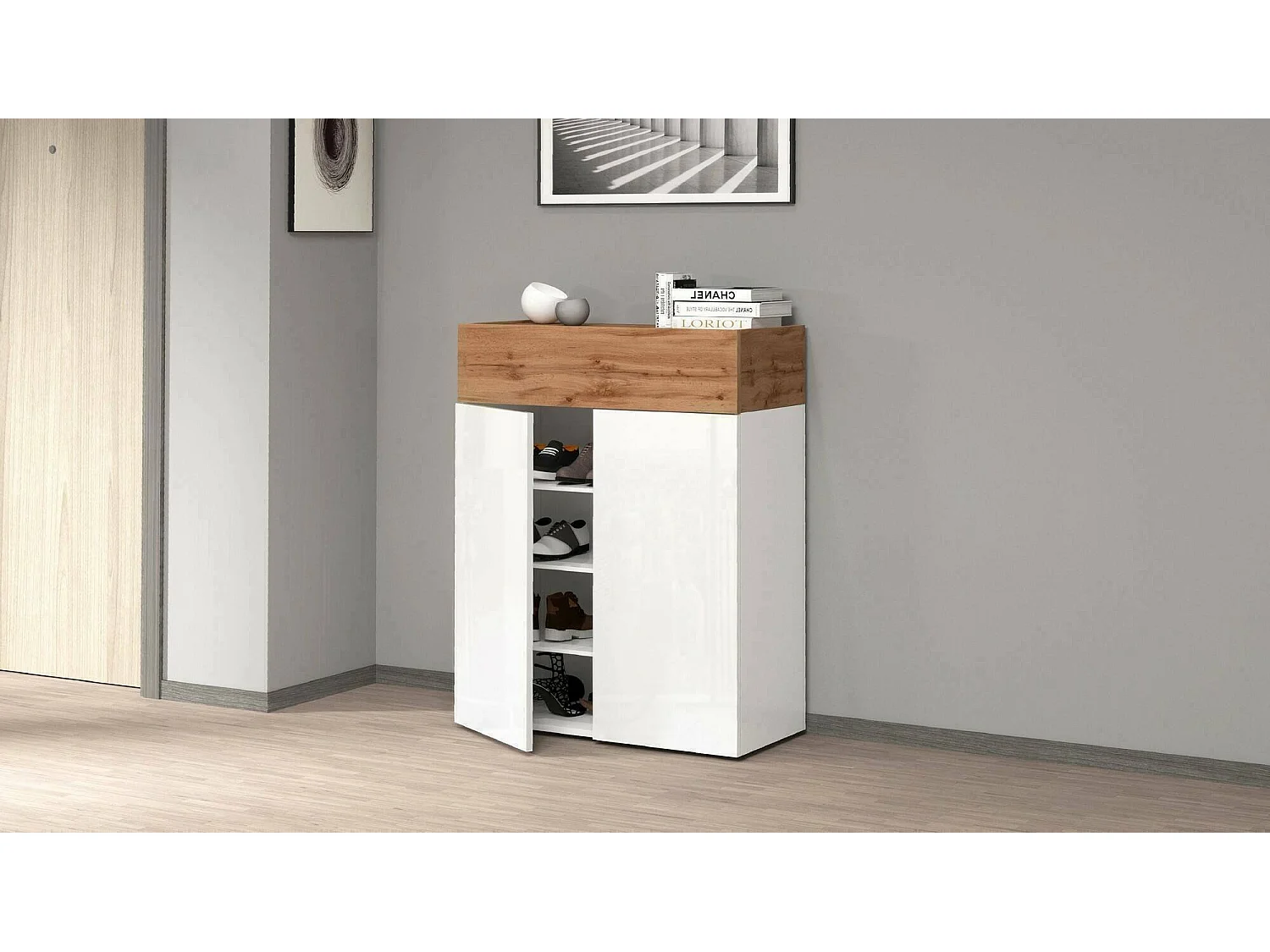 Sapateira Oliviero, Sapateira com 3 portas,Armário de entrada multifuncional, 76x38h100 cm, Branco e Carvalho