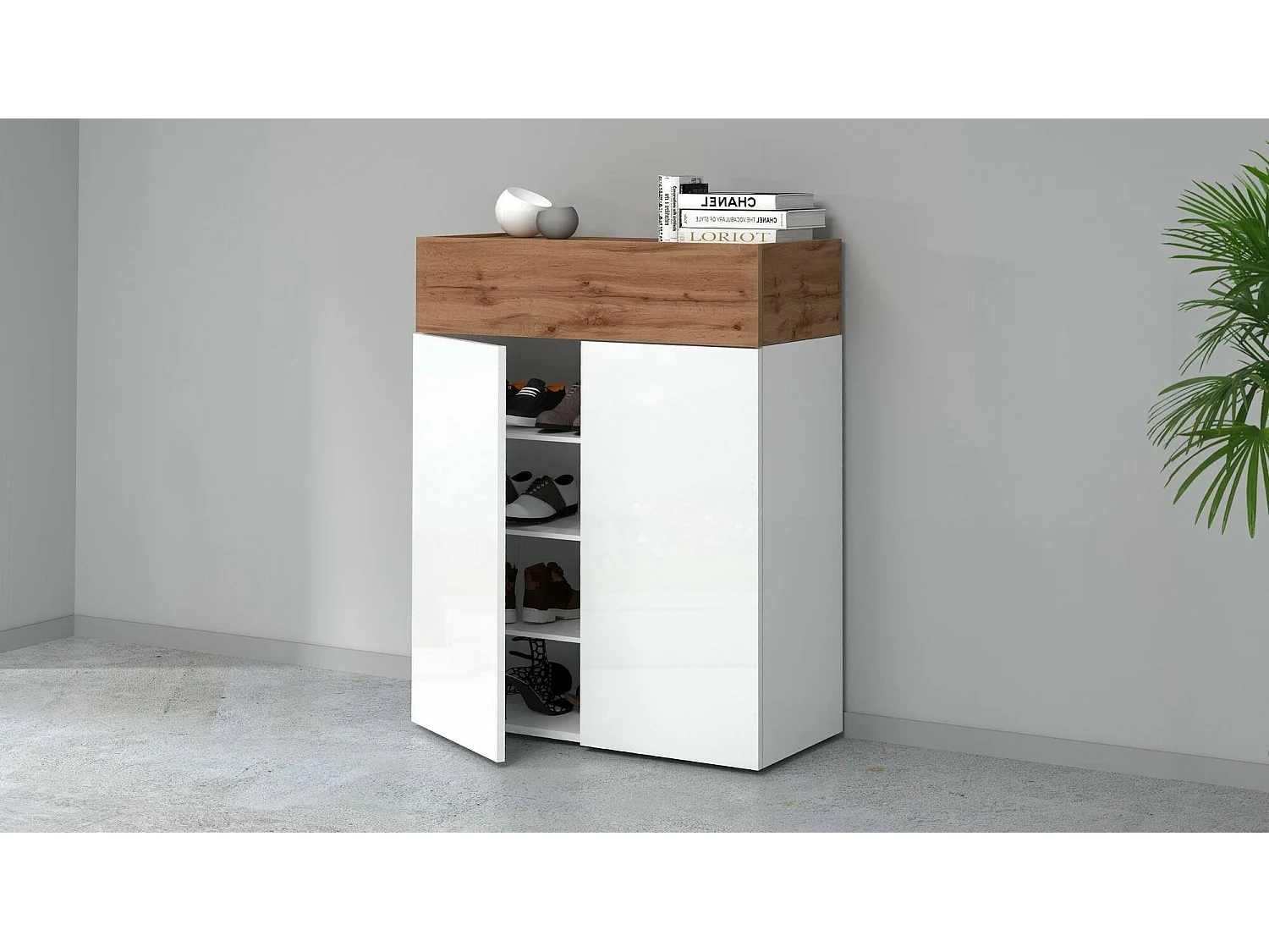 Oliviero Schoenenrek, 3-deurs Ruimtebesparend Schoenenrek, Multifunctionele Entree Garderobe, 76x38h100 cm, Wit en Eiken