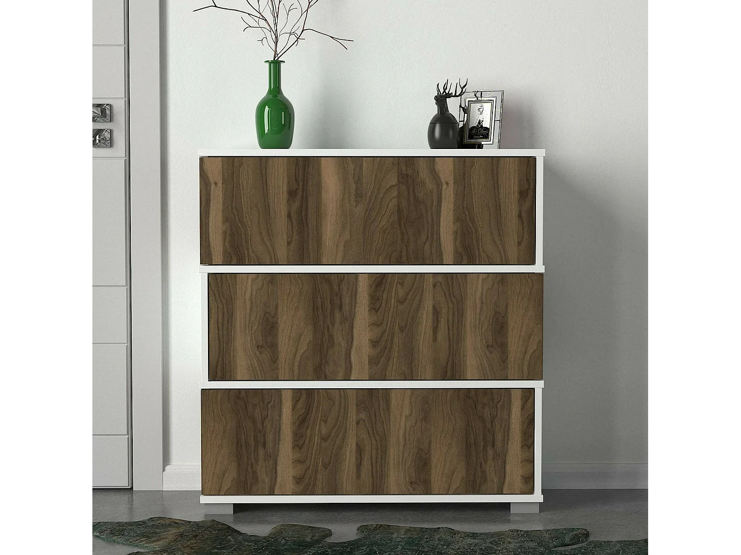 Meuble à chaussures Baten, Meuble à chaussures, Armoire d'entrée polyvalente, Rangement pour chaussures, 90x30h93 cm, Blanc et Noyer