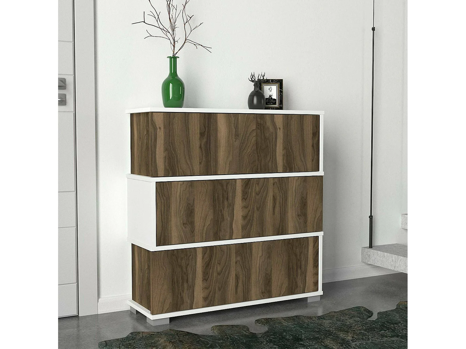 Meuble à chaussures Baten, Meuble à chaussures, Armoire d'entrée polyvalente, Rangement pour chaussures, 90x30h93 cm, Blanc et Noyer