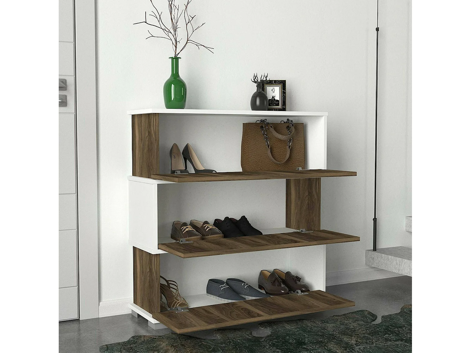 Meuble à chaussures Baten, Meuble à chaussures, Armoire d'entrée polyvalente, Rangement pour chaussures, 90x30h93 cm, Blanc et Noyer