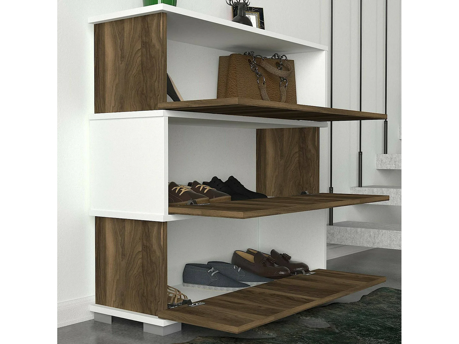 Meuble à chaussures Baten, Meuble à chaussures, Armoire d'entrée polyvalente, Rangement pour chaussures, 90x30h93 cm, Blanc et Noyer
