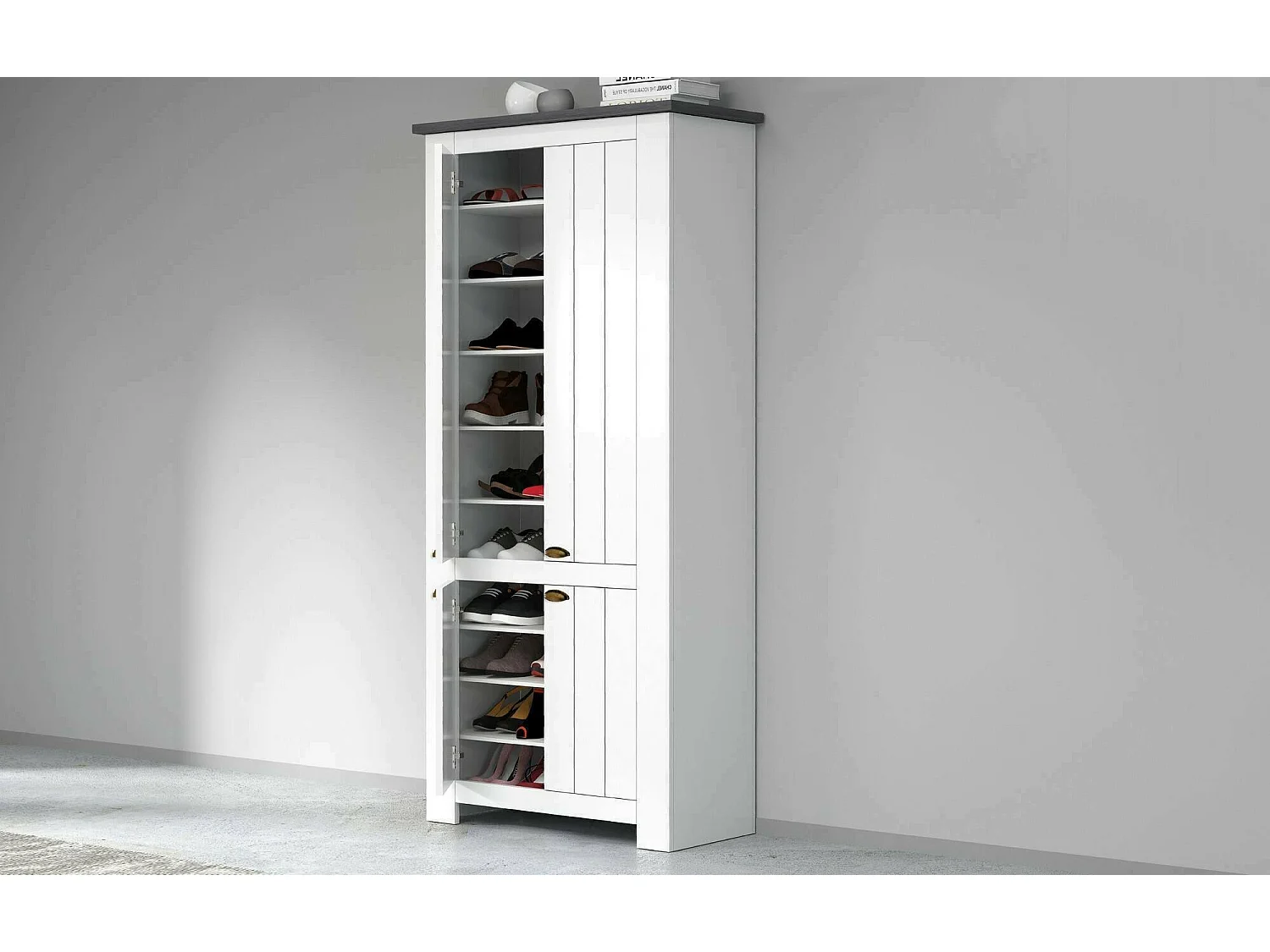 ScDcicerell-harper, ruimtebesparende schoenenrek met 4 deuren, m-functionele inkomkast, 84x42h200 cm, Wit en leisteen