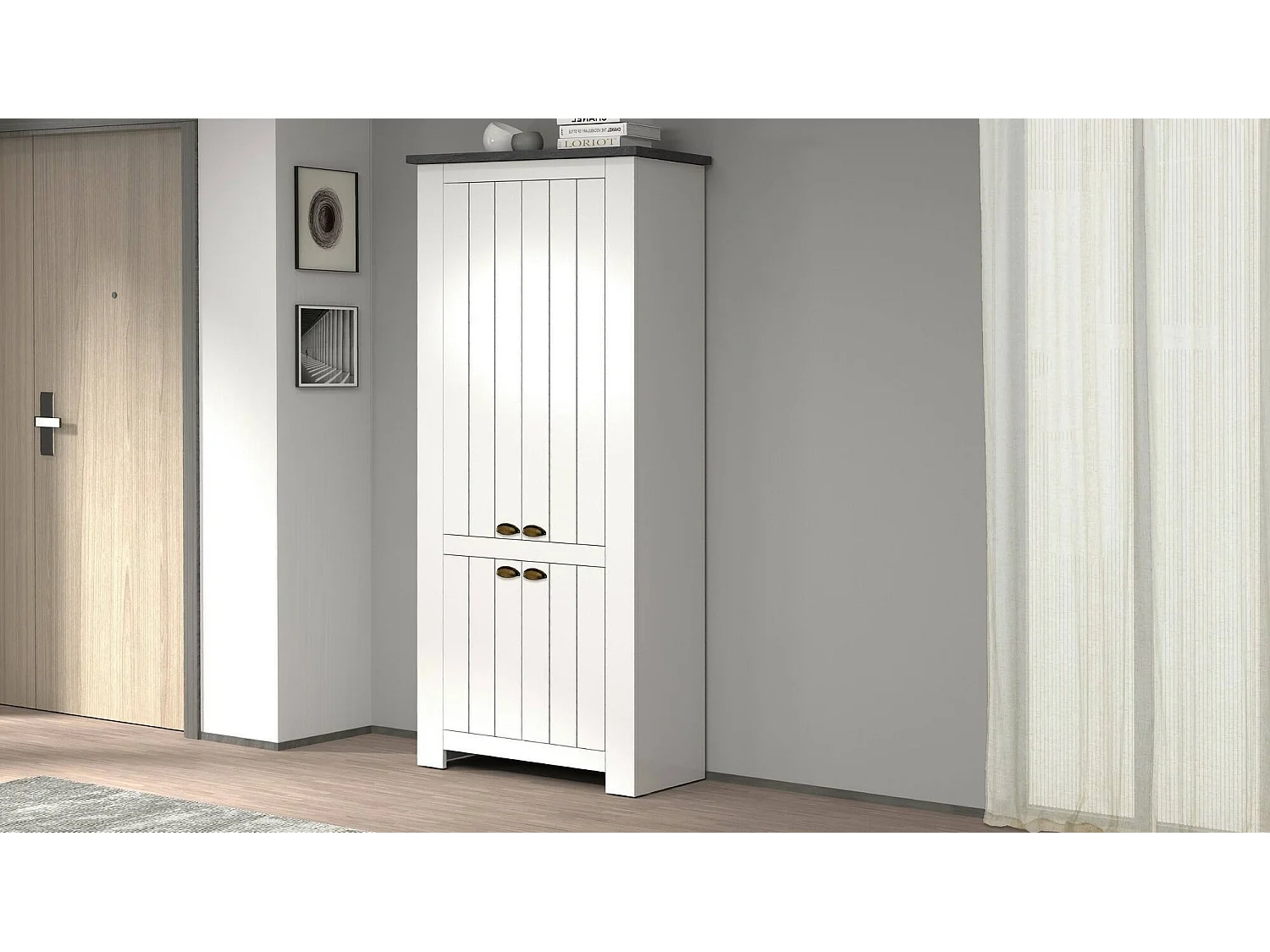 Étagère à chaussures Teodoro, étagère à chaussures peu encombrante avec 4 portes, armoire d'entrée multifonctionnelle, 84x42h200 cm, Blanc et Ardoise