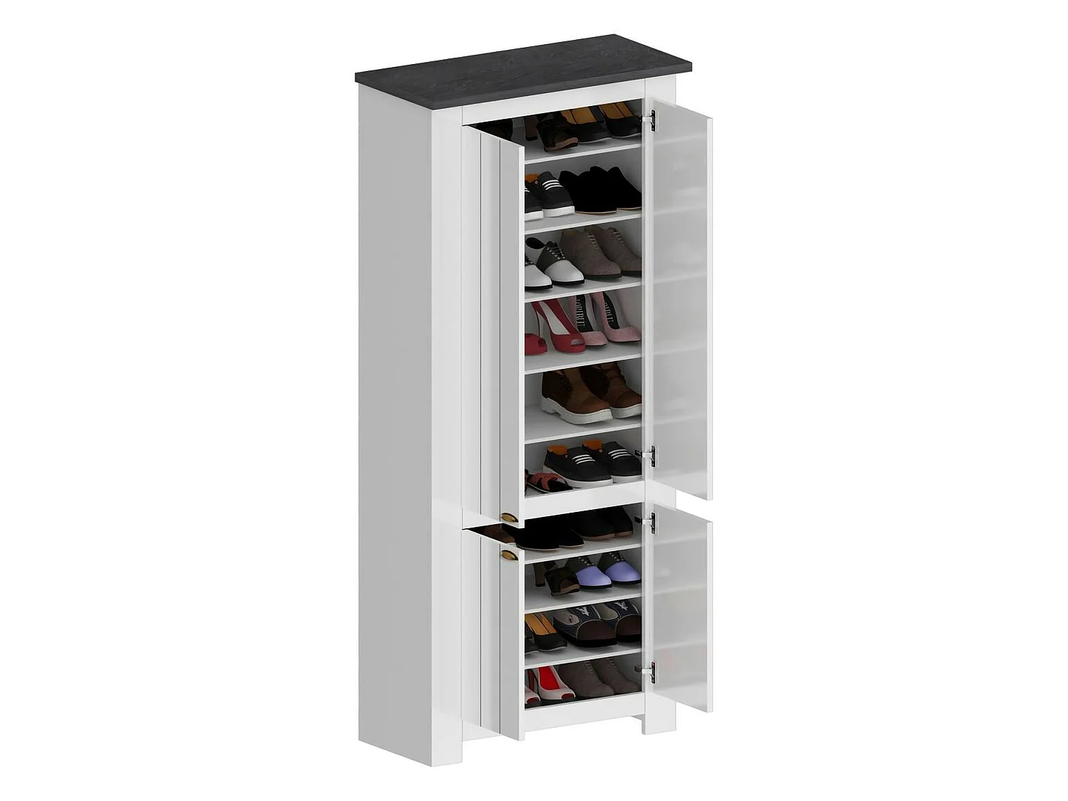 ScHarpeira Dcicerell, Suporte para sapatos com economia de espaço com 4 portas, Armário de entrada multifuncional, 84x42h200 cm, Branco e Ardósia