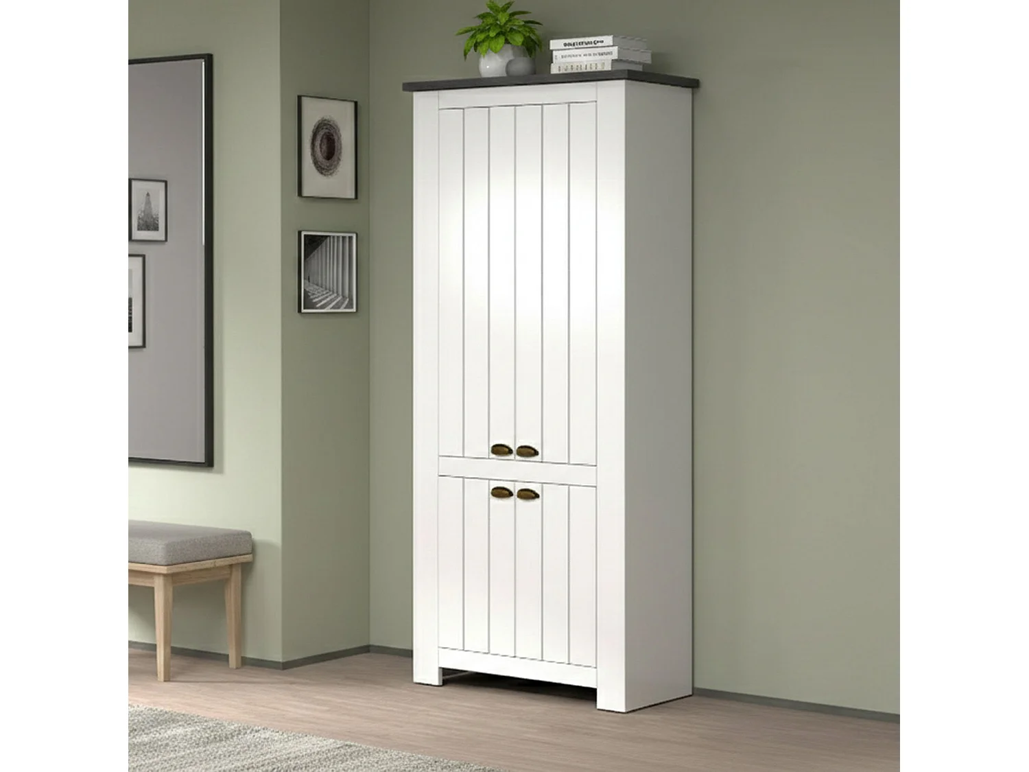ScHarpeira Dcicerell, Suporte para sapatos com economia de espaço com 4 portas, Armário de entrada multifuncional, 84x42h200 cm, Branco e Ardósia
