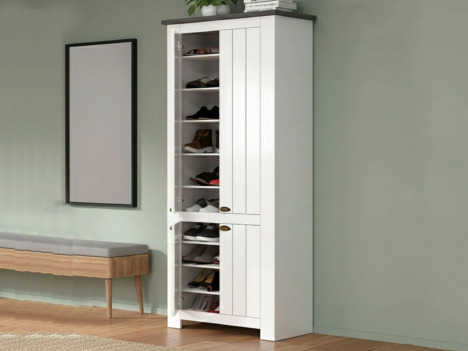 ScHarpeira Dcicerell, Suporte para sapatos com economia de espaço com 4 portas, Armário de entrada multifuncional, 84x42h200 cm, Branco e Ardósia