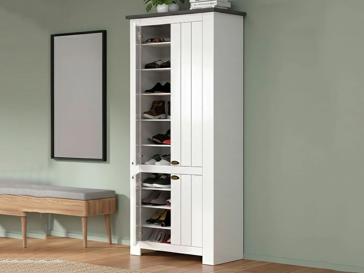 ScHarpeira Dcicerell, Suporte para sapatos com economia de espaço com 4 portas, Armário de entrada multifuncional, 84x42h200 cm, Branco e Ardósia