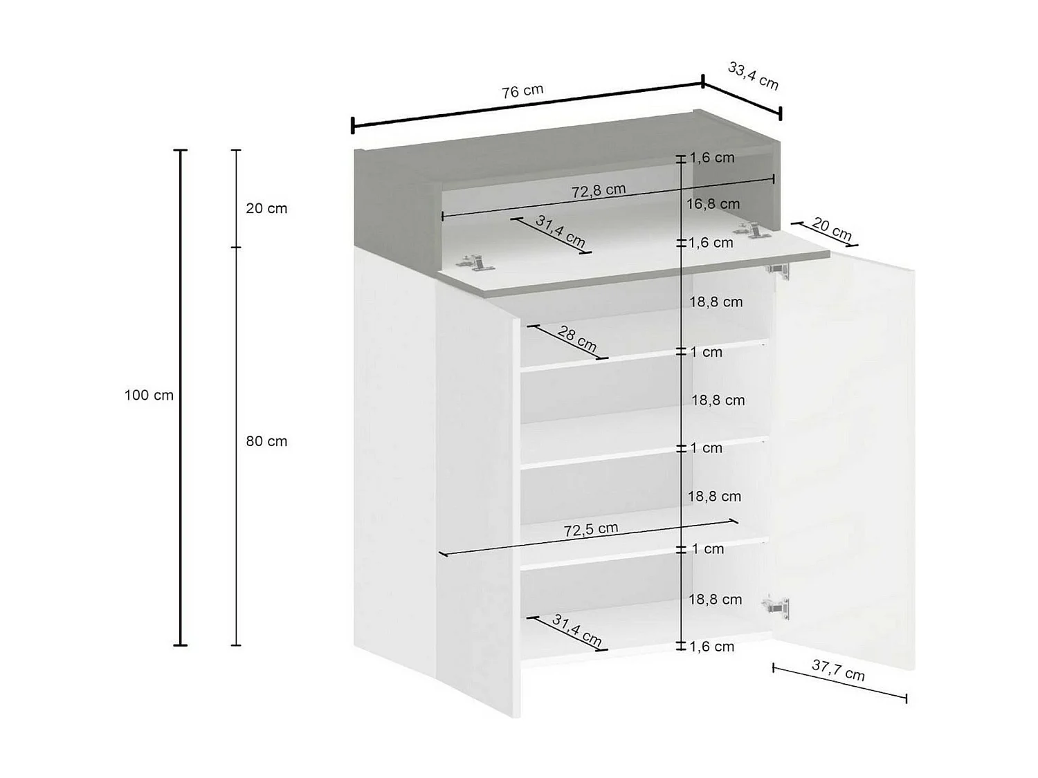 Étagère à chaussures Oliviero, meuble à chaussures peu encombrant à 3 portes, armoire d'entrée multifonctionnelle, 76x38h100 cm, effet mélèze blanc