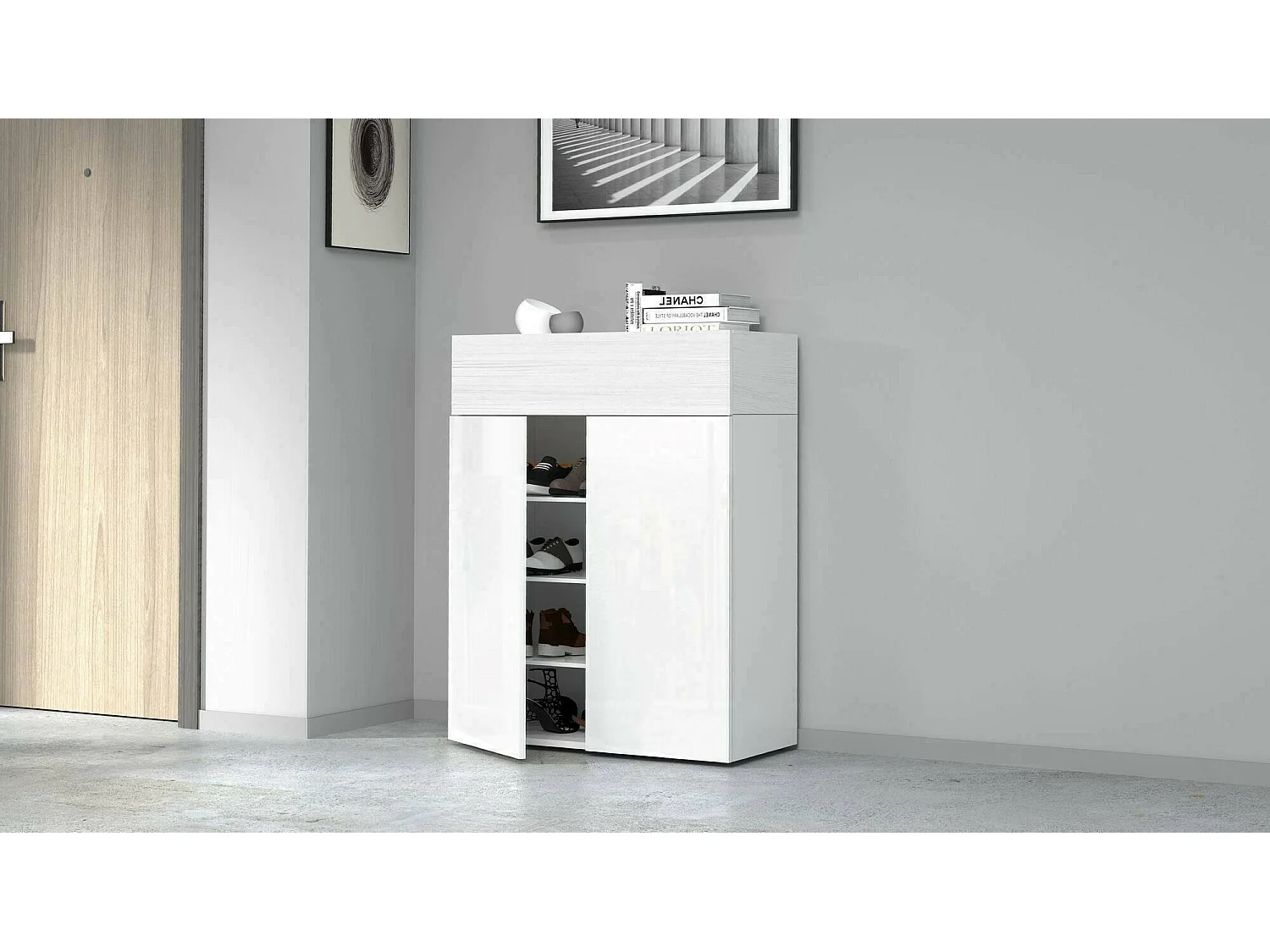 Sapateira Oliviero, Sapateira com 3 portas, Armário de entrada multifuncional, 76x38h100 cm, Branco efeito larício