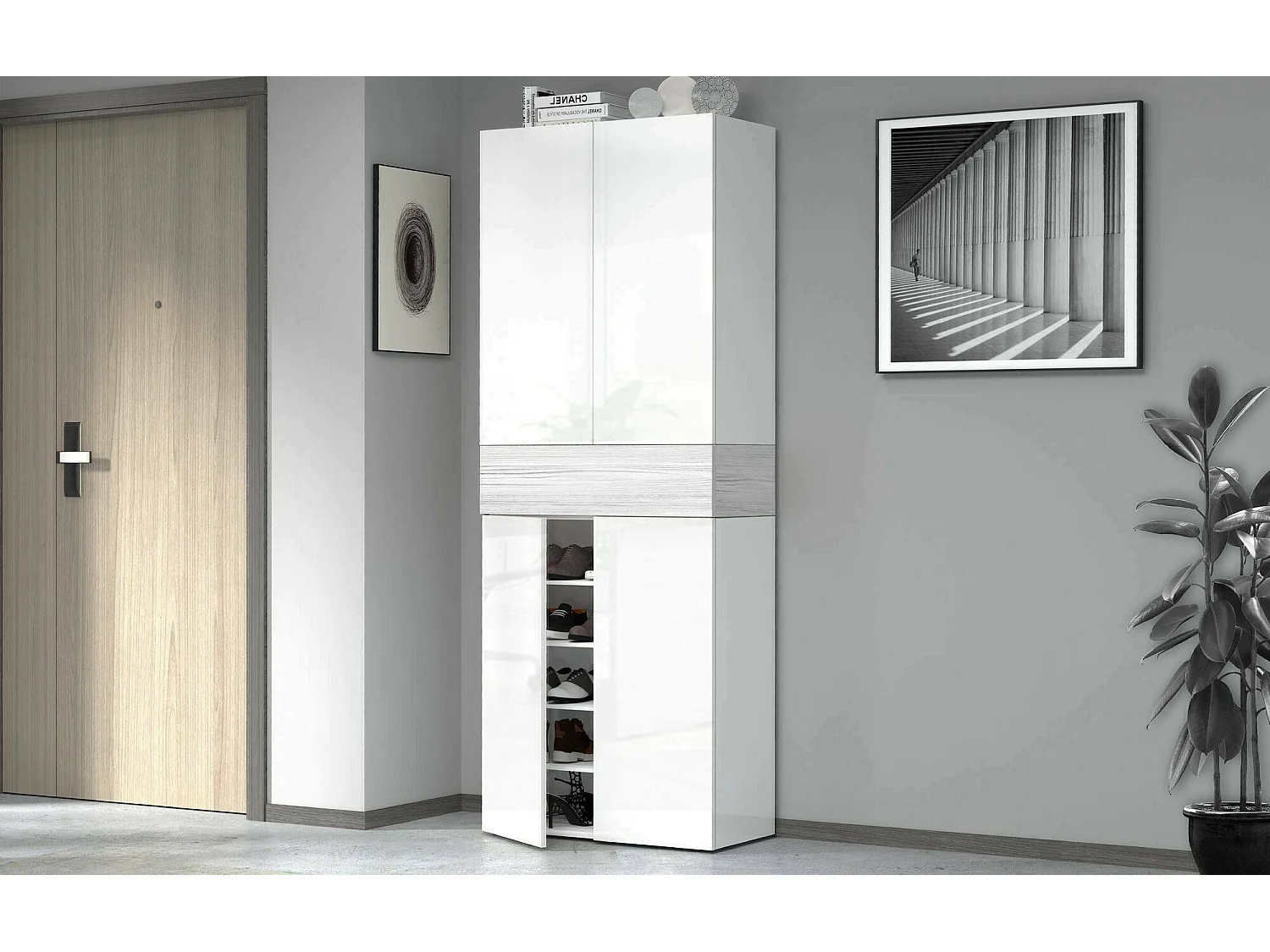 Étagère à chaussures Moris, meuble à chaussures peu encombrant à 5 portes, armoire d'entrée multifonctionnelle, 76x38h200 cm, effet mélèze blanc