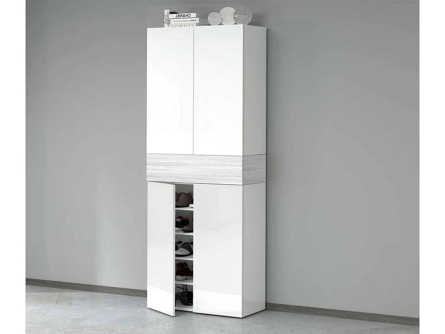 Sapateira Dcandelar, PoRta sapatos de poupança de espaço com 5 portas, armário de entrada multifunções, 76x38h200 cm, efeito larício branco