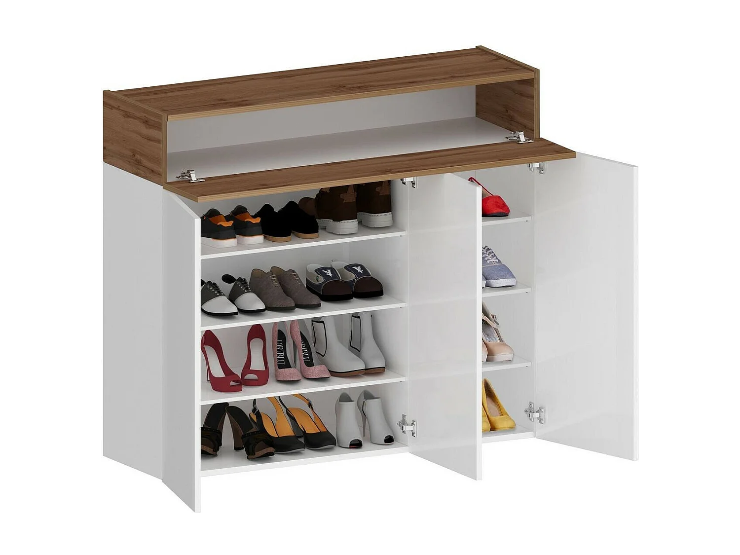 Étagère à chaussures Nick, étagère à chaussures peu encombrante à 4 portes, armoire d'entrée multifonctionnelle, 114x38h100 cm, blanc et chêne