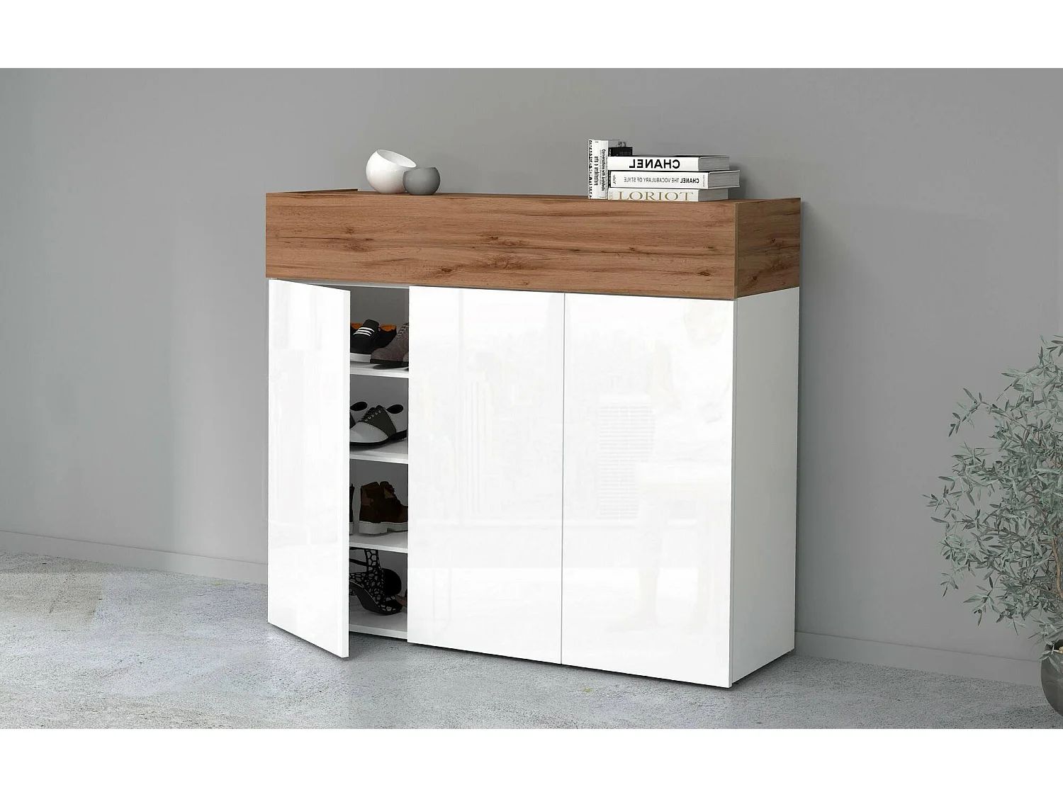 Étagère à chaussures Nick, étagère à chaussures peu encombrante à 4 portes, armoire d'entrée multifonctionnelle, 114x38h100 cm, blanc et chêne