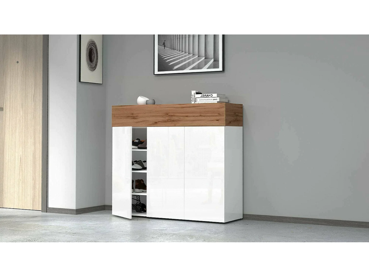 Dcanestrell Schoenenrek, 4-deurs Ruimtebesparend Schoenenrek, Multifunctionele Entree Garderobe, 114x38h100 cm, Wit en Eiken