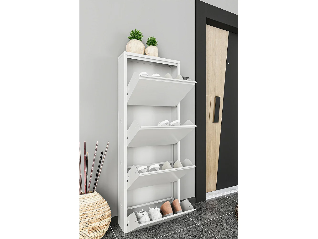 Meuble à chaussures Gonzalo, Meuble à chaussures en métal, Armoire d'entrée polyvalente, Rangement pour chaussures, 50x15h138 cm, Blanc