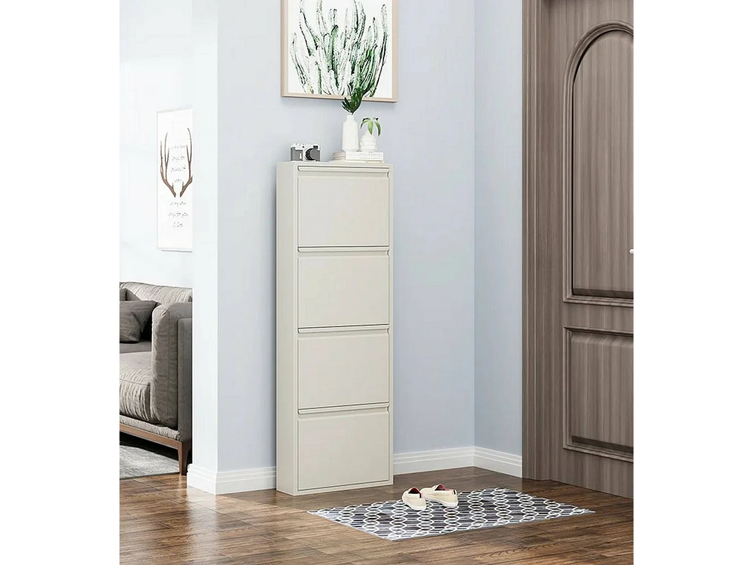 Meuble à chaussures Gonzalo, Meuble à chaussures en métal, Armoire d'entrée polyvalente, Rangement pour chaussures, 50x15h138 cm, Blanc