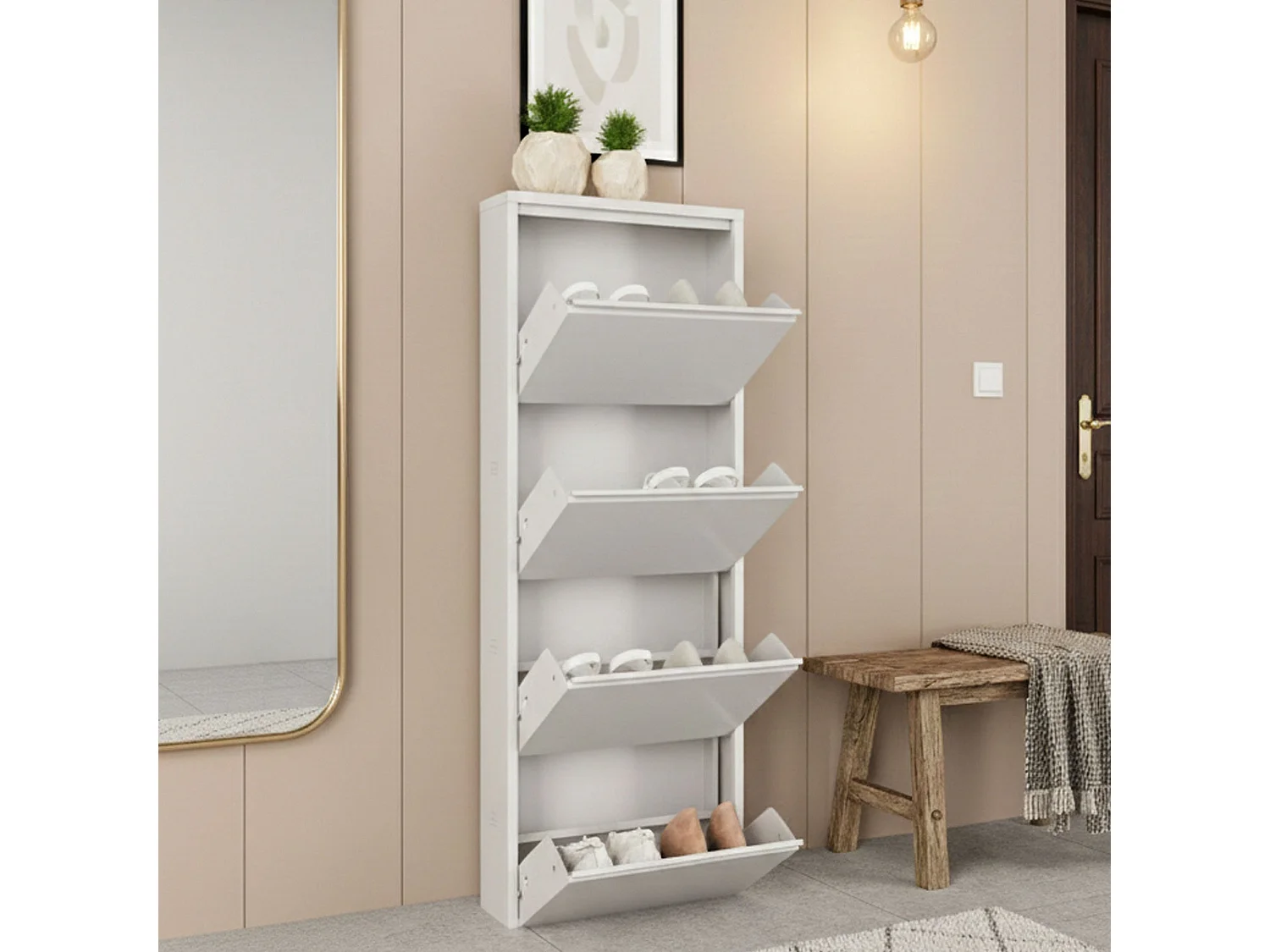 Meuble à chaussures Gonzalo, Meuble à chaussures en métal, Armoire d'entrée polyvalente, Rangement pour chaussures, 50x15h138 cm, Blanc