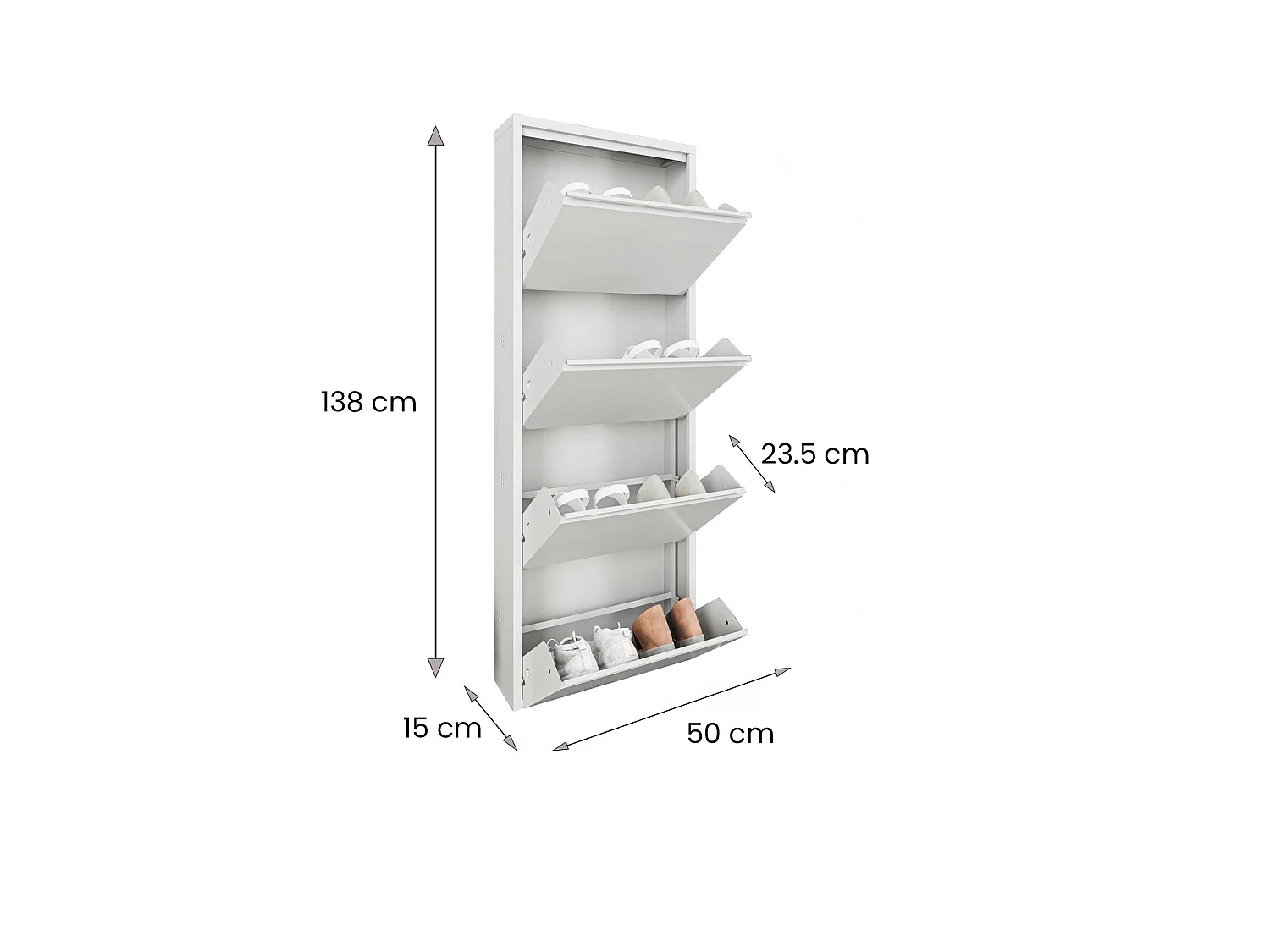 Meuble à chaussures Gonzalo, Meuble à chaussures en métal, Armoire d'entrée polyvalente, Rangement pour chaussures, 50x15h138 cm, Blanc