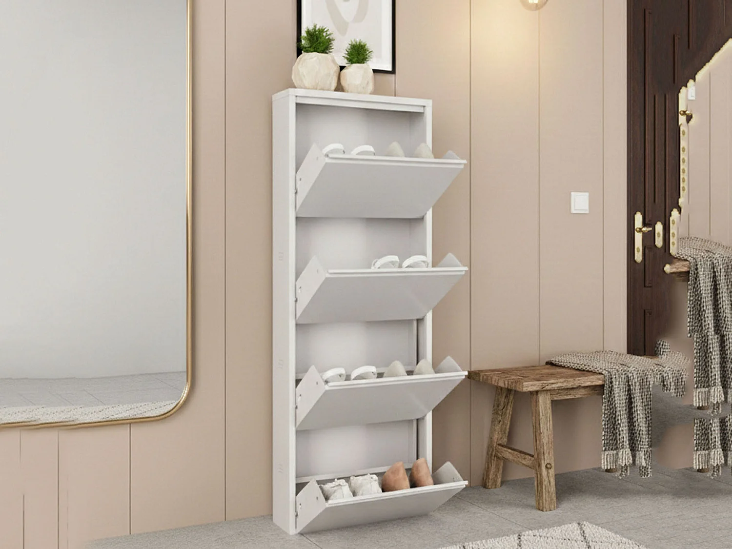 Meuble à chaussures Gonzalo, Meuble à chaussures en métal, Armoire d'entrée polyvalente, Rangement pour chaussures, 50x15h138 cm, Blanc