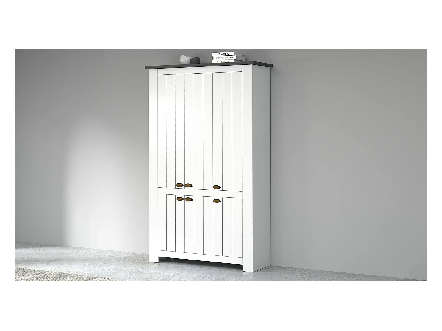 Étagère à chaussures Tazio, étagère à chaussures peu encombrante avec 6 portes, armoire d'entrée multifonctionnelle, 114x42h200 cm, Blanc et Ardoise