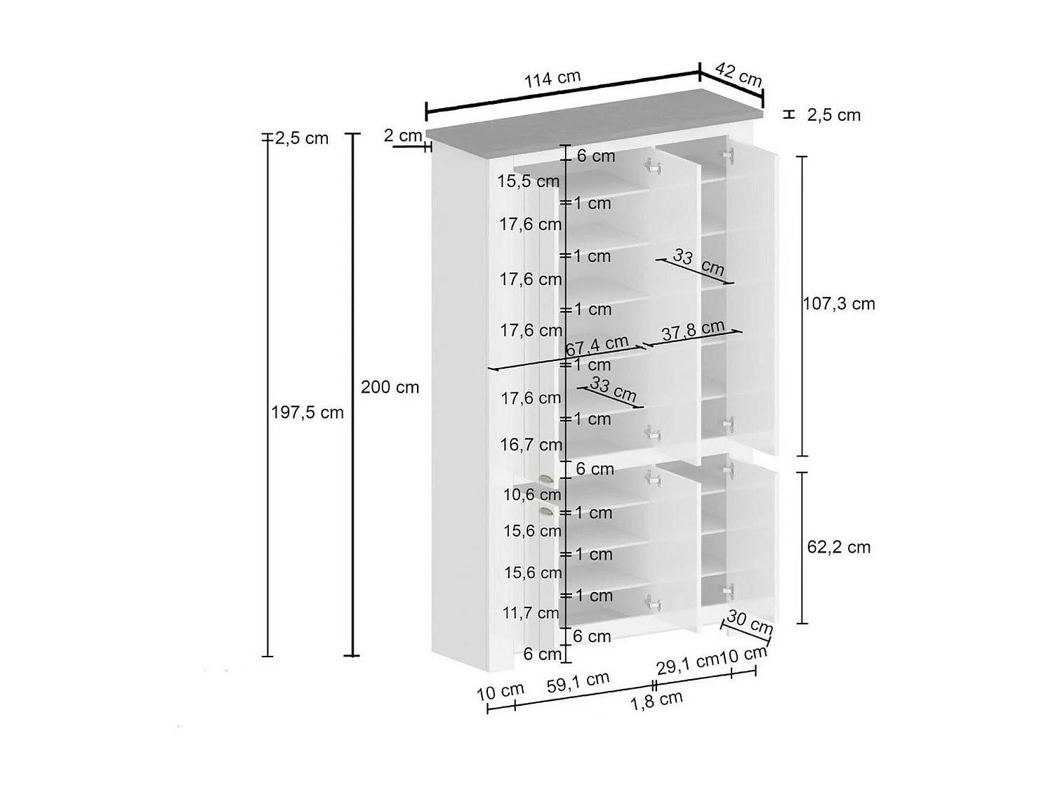 Étagère à chaussures Tazio, étagère à chaussures peu encombrante avec 6 portes, armoire d'entrée multifonctionnelle, 114x42h200 cm, Blanc et Ardoise