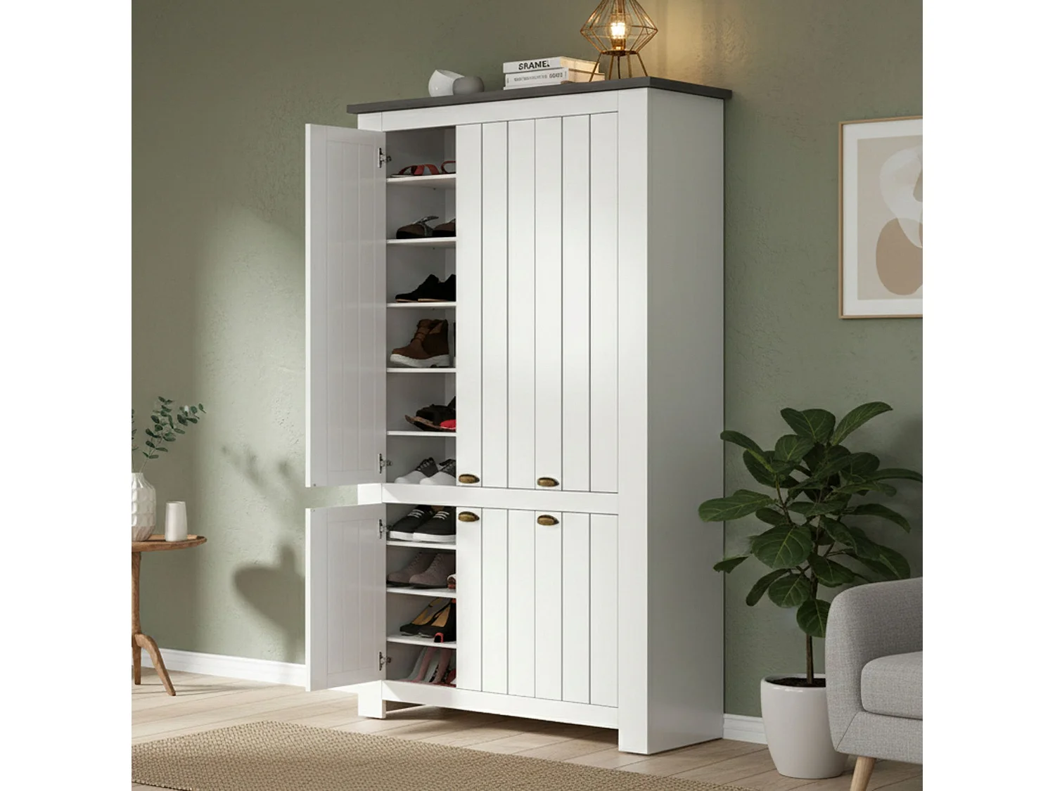 Étagère à chaussures Tazio, étagère à chaussures peu encombrante avec 6 portes, armoire d'entrée multifonctionnelle, 114x42h200 cm, Blanc et Ardoise