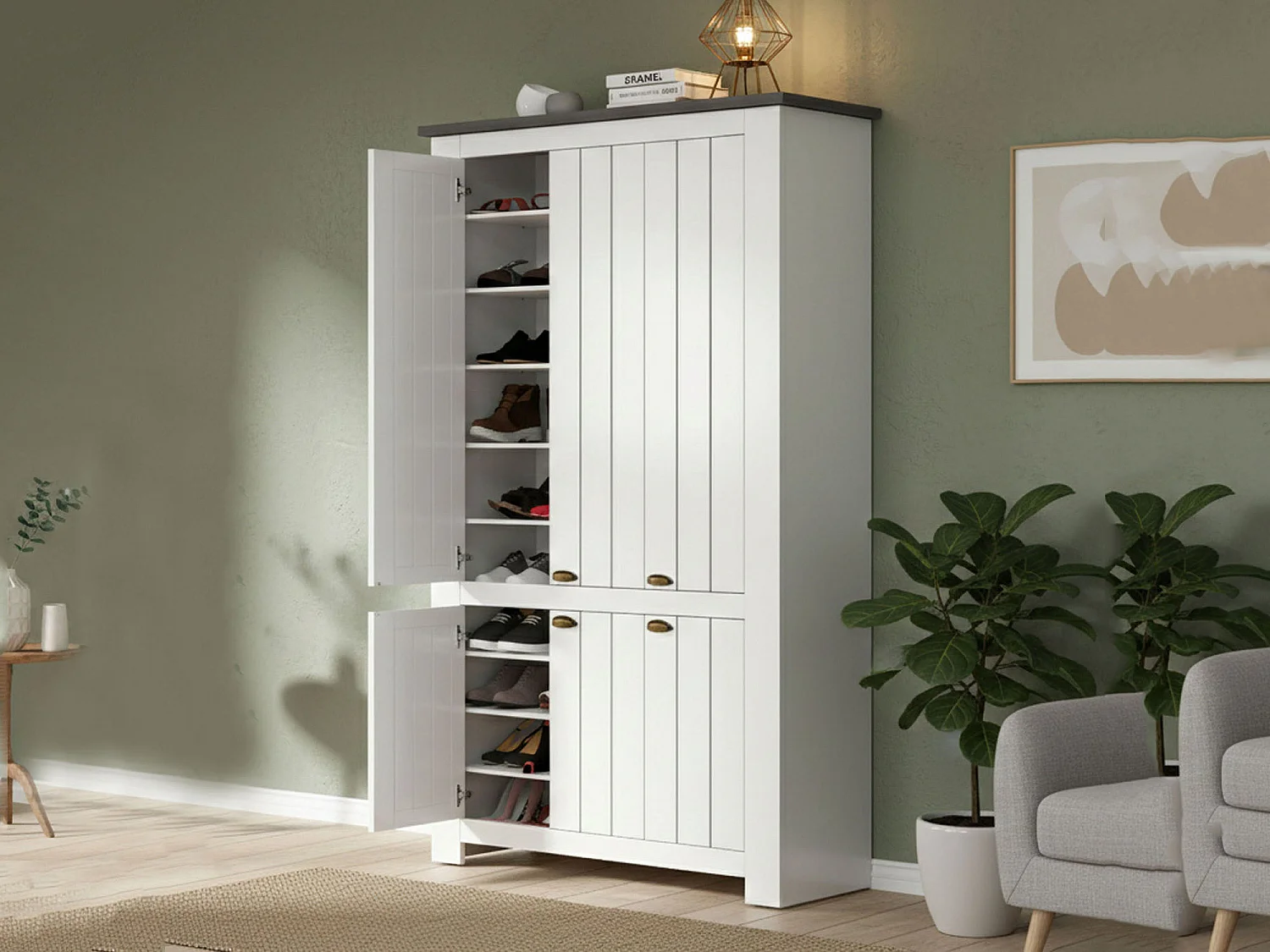 Étagère à chaussures Tazio, étagère à chaussures peu encombrante avec 6 portes, armoire d'entrée multifonctionnelle, 114x42h200 cm, Blanc et Ardoise