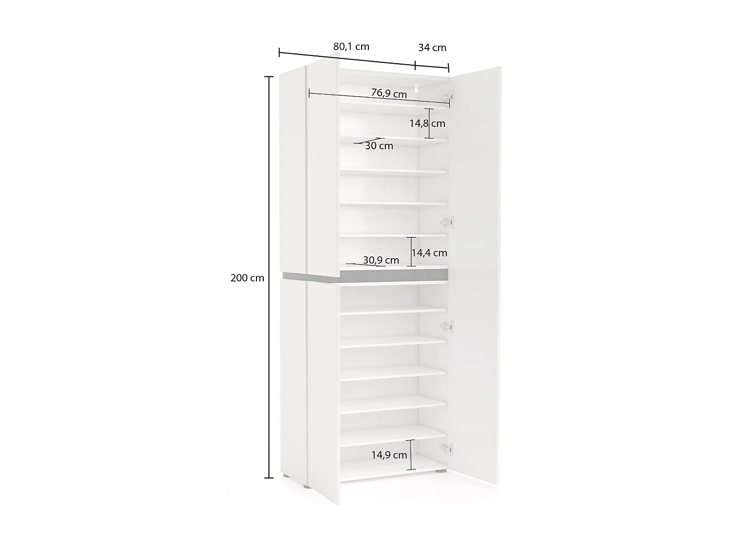 Dmora - Scarpiera Baiso, 80x34h200 cm, Bianco lucido e Antracite