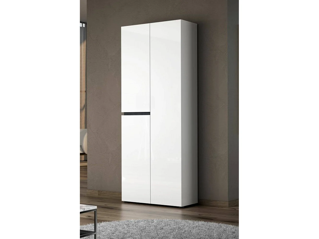 Dmora - Scarpiera Baiso, 80x34h200 cm, Bianco lucido e Antracite