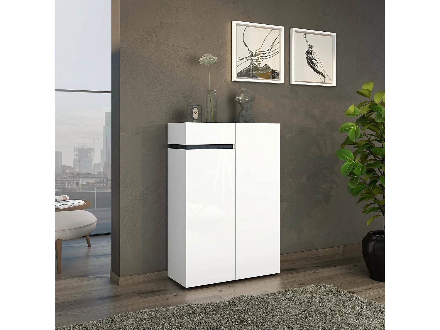 Scarpiera Badolato, un Cassetto Made in Italy, 34x80x115h cm Bianco Lucido, Mobile Portascarpe