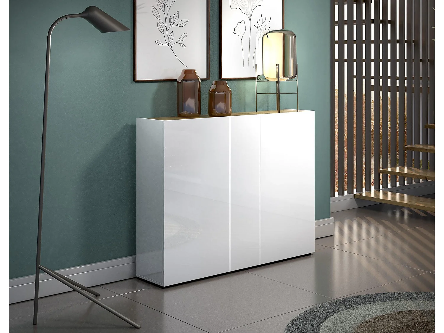 Meuble à chaussures Letaba, Meuble à chaussures, Armoire d'entrée polyvalente, Rangement pour chaussures, Made in Italy, 145x35h115 cm, Blanc brillant et chêne