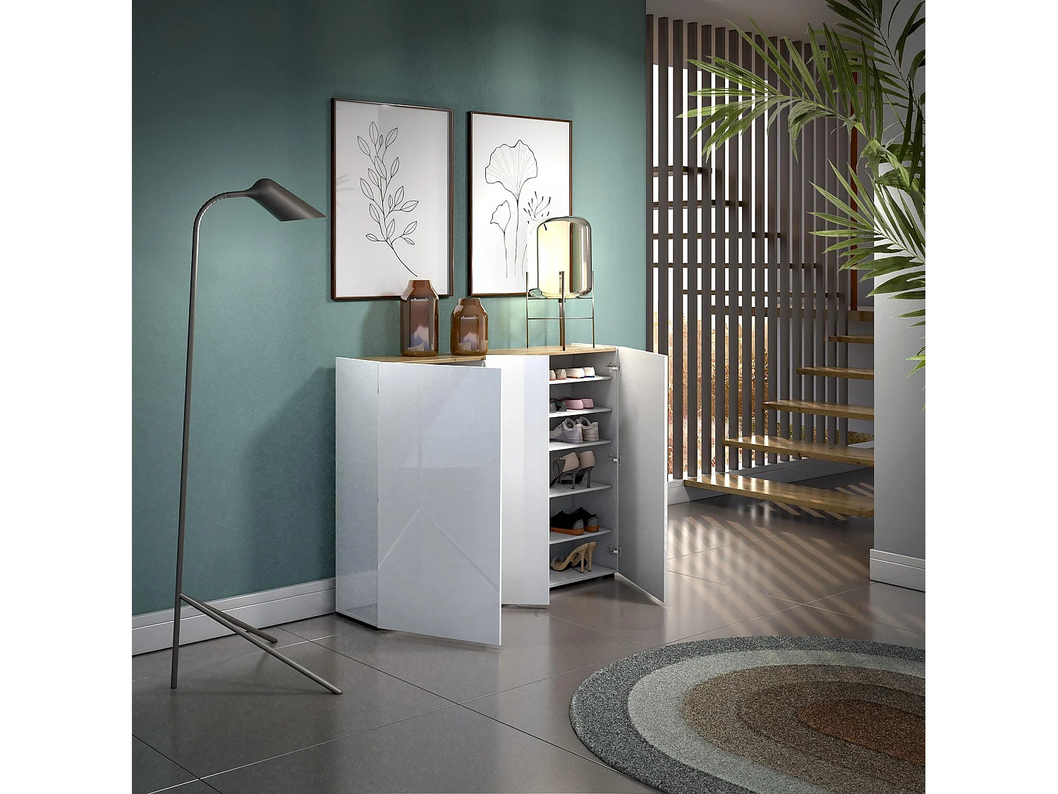 Meuble à chaussures Letaba, Meuble à chaussures, Armoire d'entrée polyvalente, Rangement pour chaussures, Made in Italy, 145x35h115 cm, Blanc brillant et chêne